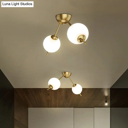 Postmodern Brass Ceiling Mount Light With Ivory Glass Shade - 2/3 Lights Semi Flush For Living Room