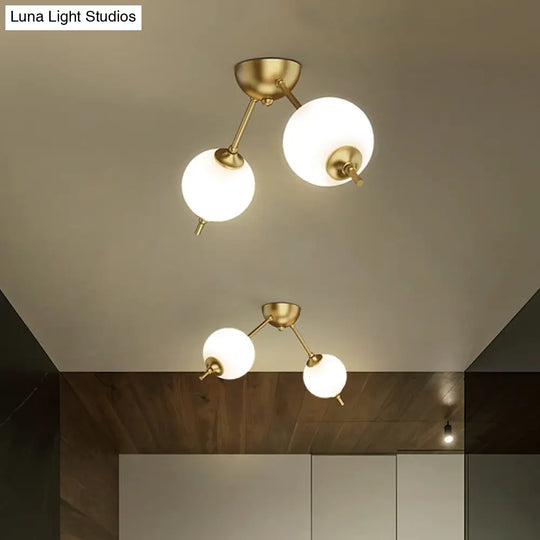 Postmodern Brass Ceiling Mount Light With Ivory Glass Shade - 2/3 Lights Semi Flush For Living Room