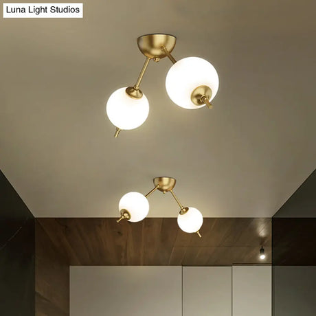 Postmodern Brass Ceiling Mount Light With Ivory Glass Shade - 2/3 Lights Semi Flush For Living Room