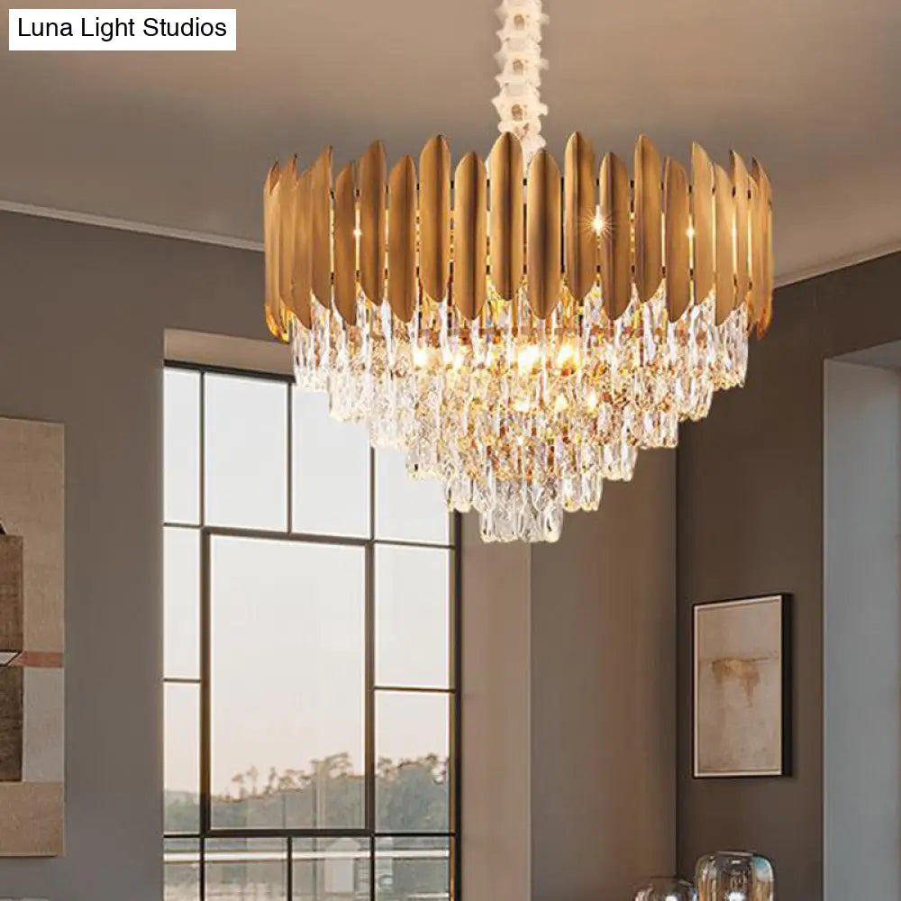 Postmodern Brass Chandelier Pendant Light - Faceted Crystal Cone Design 6/10 Heads 16’/19.5’