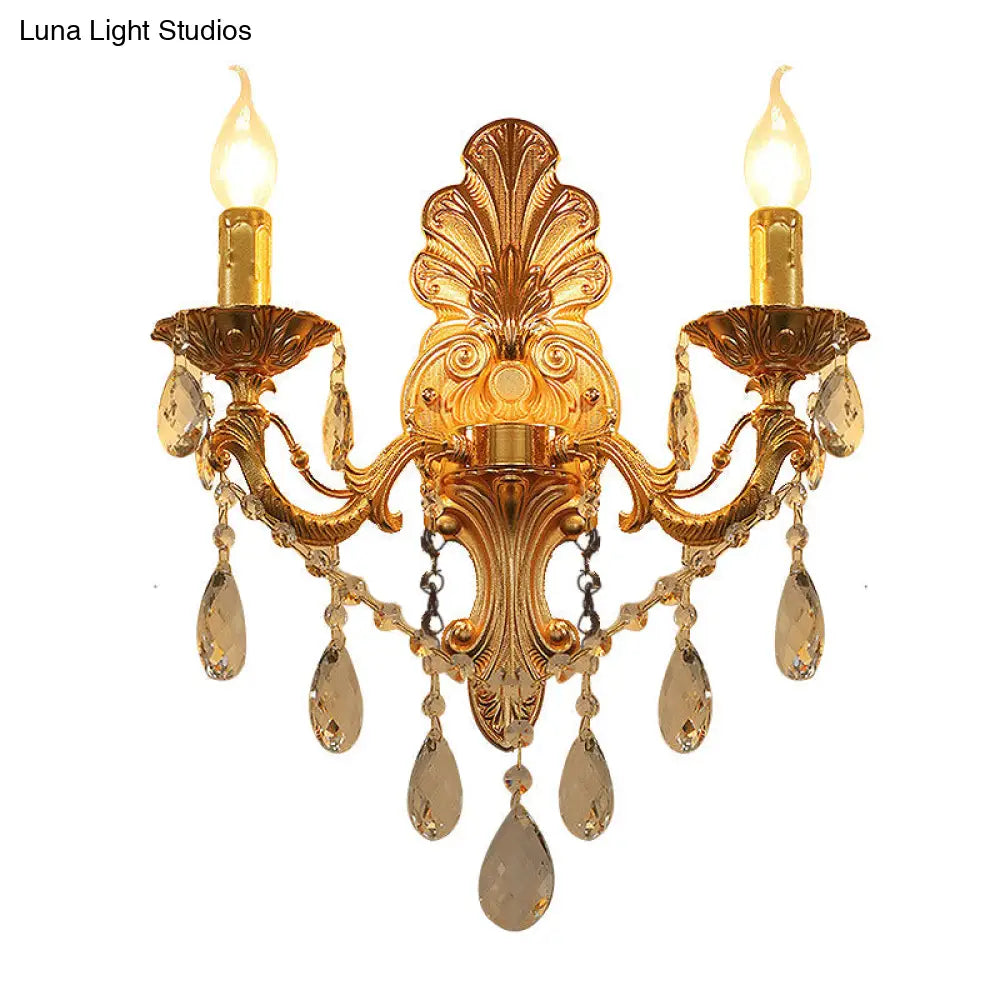 Postmodern Brass Wall Sconce With Crystal Drip Accent - Candelabra Style 1/2 Head Design For Living