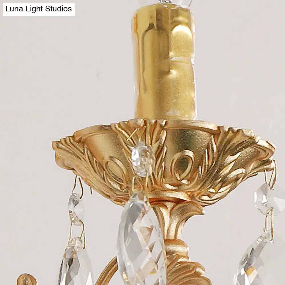 Postmodern Brass Wall Sconce With Crystal Drip Accent - Candelabra Style 1/2 Head Design For Living