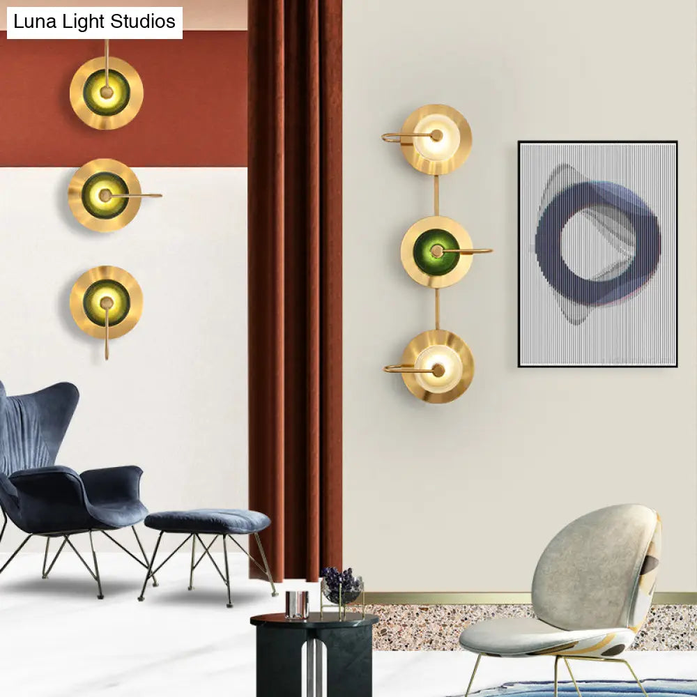 Postmodern Brushed Gold Glass Disc Wall Sconce - Mounted Lamp For Living Room