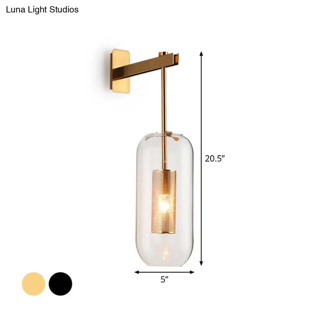 Postmodern Capsule Wall Hanging Light Clear Glass Bedside Lamp 1 Bulb Interior Mesh Guard Black/Gold