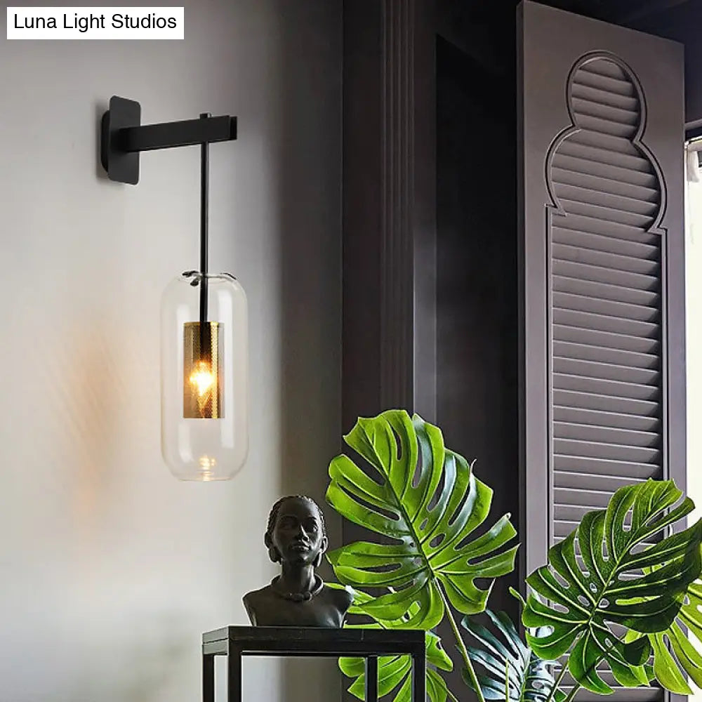 Postmodern Capsule Wall Hanging Light Clear Glass Bedside Lamp 1 Bulb Interior Mesh Guard Black/Gold