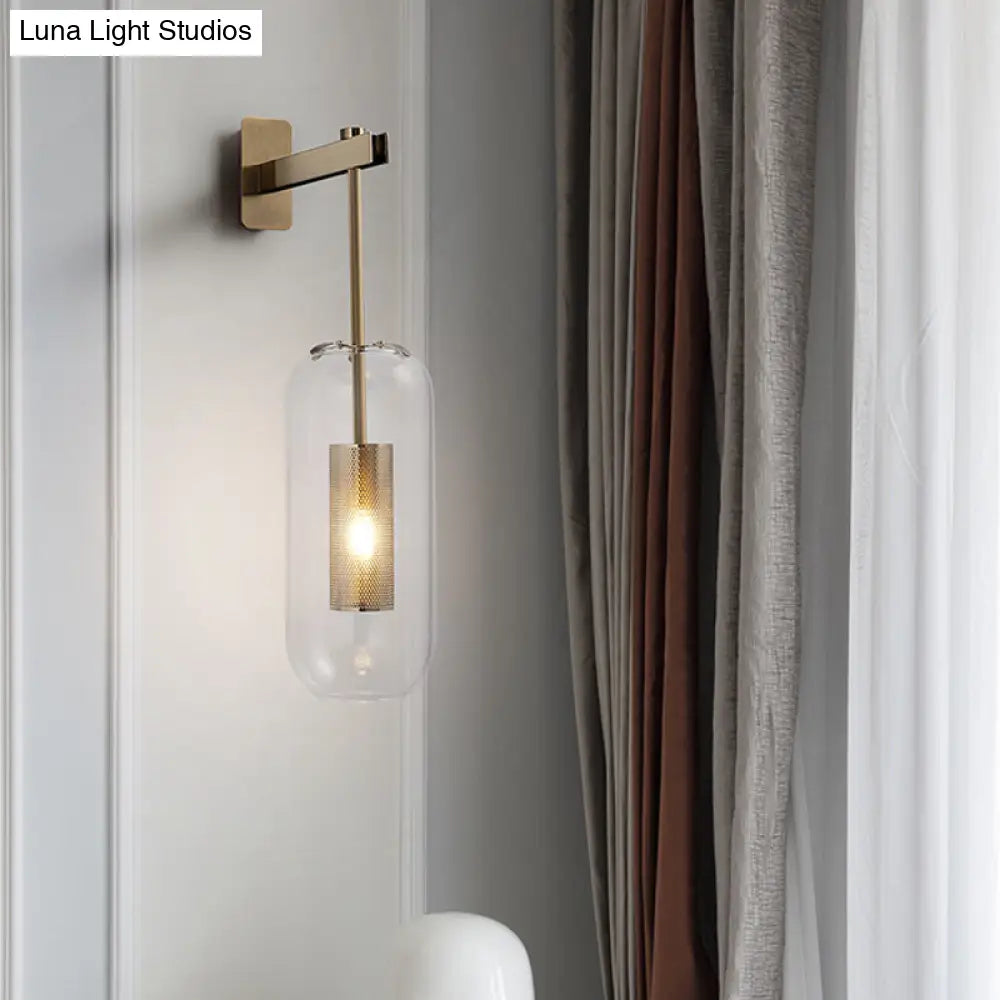 Postmodern Capsule Wall Hanging Light Clear Glass Bedside Lamp 1 Bulb Interior Mesh Guard Black/Gold