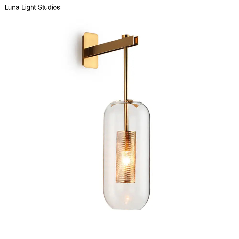 Postmodern Capsule Wall Hanging Light Clear Glass Bedside Lamp 1 Bulb Interior Mesh Guard Black/Gold