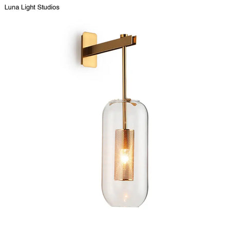 Postmodern Capsule Wall Hanging Light Clear Glass Bedside Lamp 1 Bulb Interior Mesh Guard Black/Gold