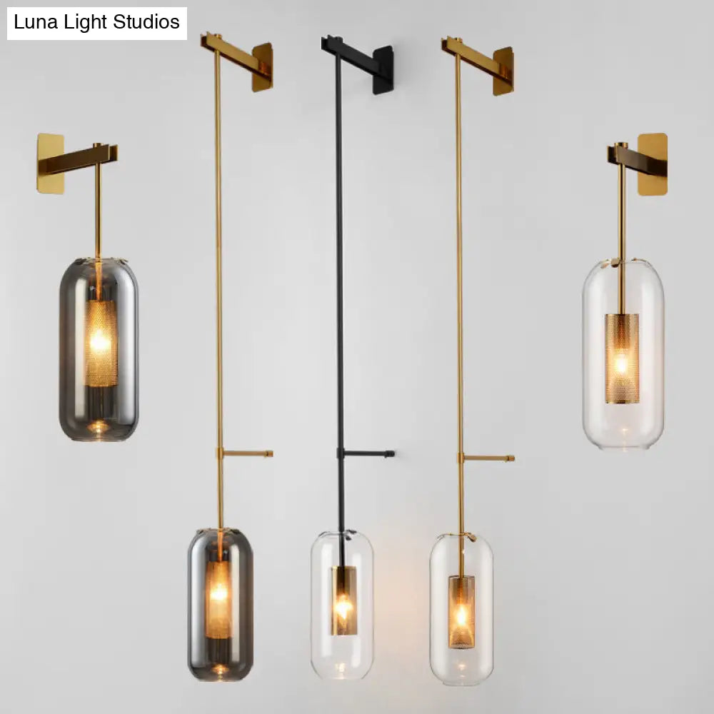 Postmodern Capsule Wall Hanging Light Clear Glass Bedside Lamp 1 Bulb Interior Mesh Guard Black/Gold