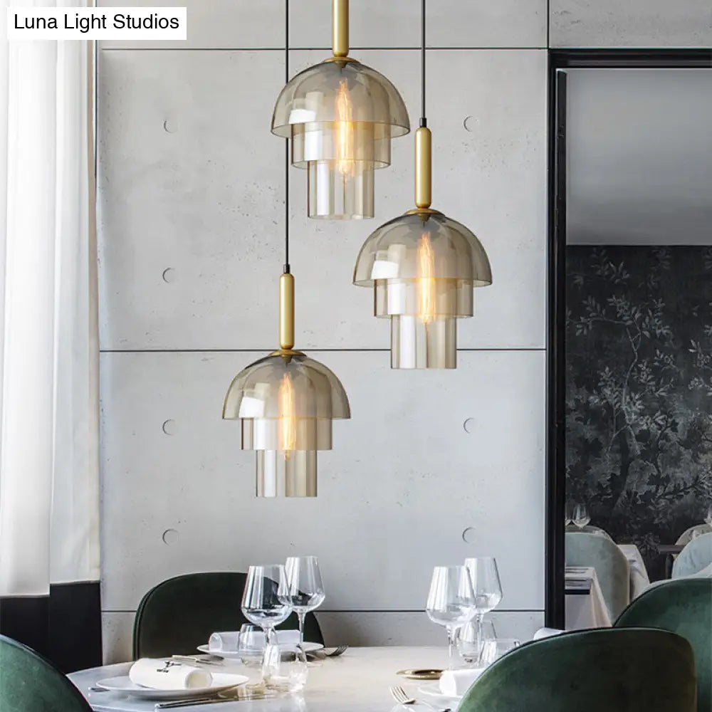 Postmodern Brass Pendant Light Fixture With Cognac Glass Shades - Ideal For Dining Rooms