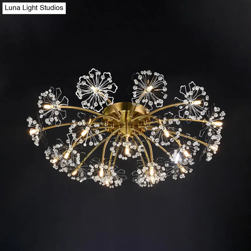 Postmodern Crystal Beaded 21 - Light Gold Dandelion Semi Flush Mount For Dining Room Ceiling