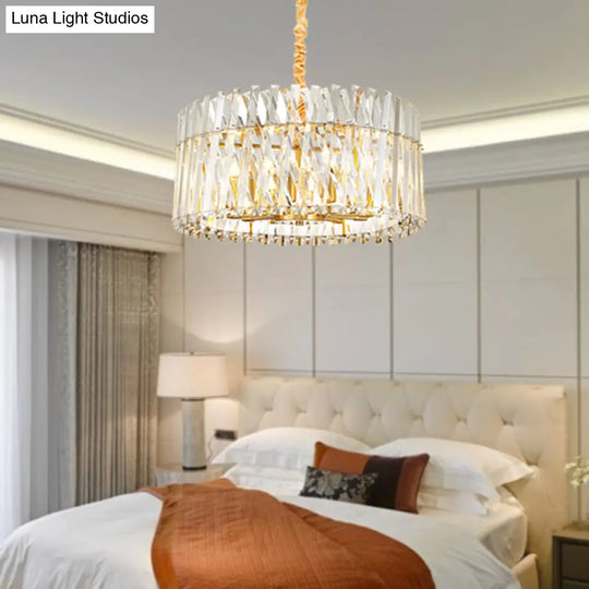 Postmodern Crystal Chandelier Lamp - Round Tri-Sided Rod Style 8/10 Lights Gold Finish Hanging Light