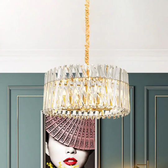 Postmodern Crystal Chandelier Lamp - Round Tri-Sided Rod Style 8/10 Lights Gold Finish Hanging Light