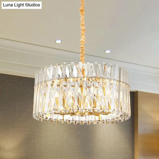 Postmodern Crystal Chandelier Lamp - Round Tri-Sided Rod Style 8/10 Lights Gold Finish Hanging Light