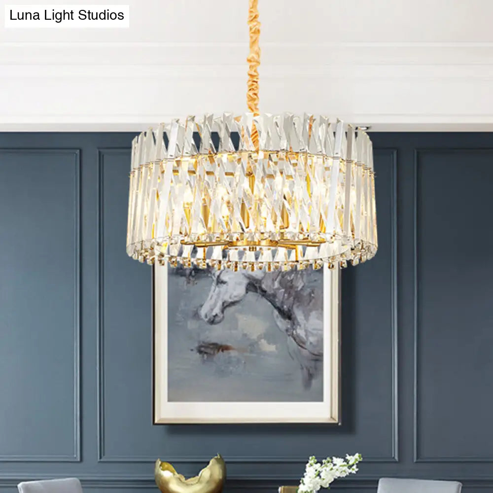 Postmodern Crystal Chandelier Lamp - Round Tri-Sided Rod Style 8/10 Lights Gold Finish Hanging Light