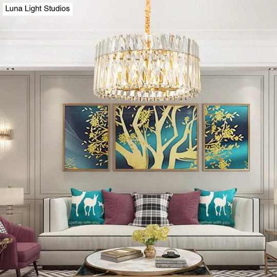 Postmodern Crystal Chandelier Lamp - Round Tri-Sided Rod Style 8/10 Lights Gold Finish Hanging Light