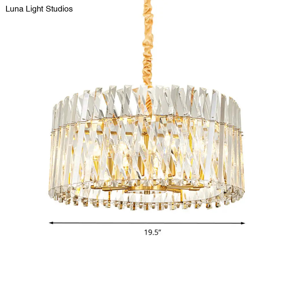 Postmodern Crystal Chandelier Lamp - Round Tri-Sided Rod Style 8/10 Lights Gold Finish Hanging Light