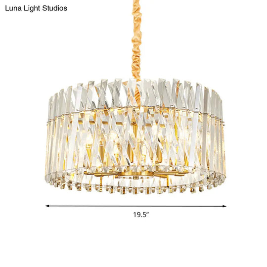 Postmodern Crystal Chandelier Lamp - Round Tri-Sided Rod Style 8/10 Lights Gold Finish Hanging Light