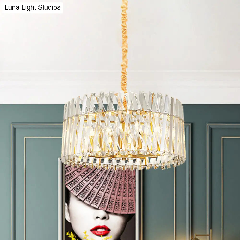 Postmodern Crystal Chandelier Lamp - Round Tri-Sided Rod Style 8/10 Lights Gold Finish Hanging Light