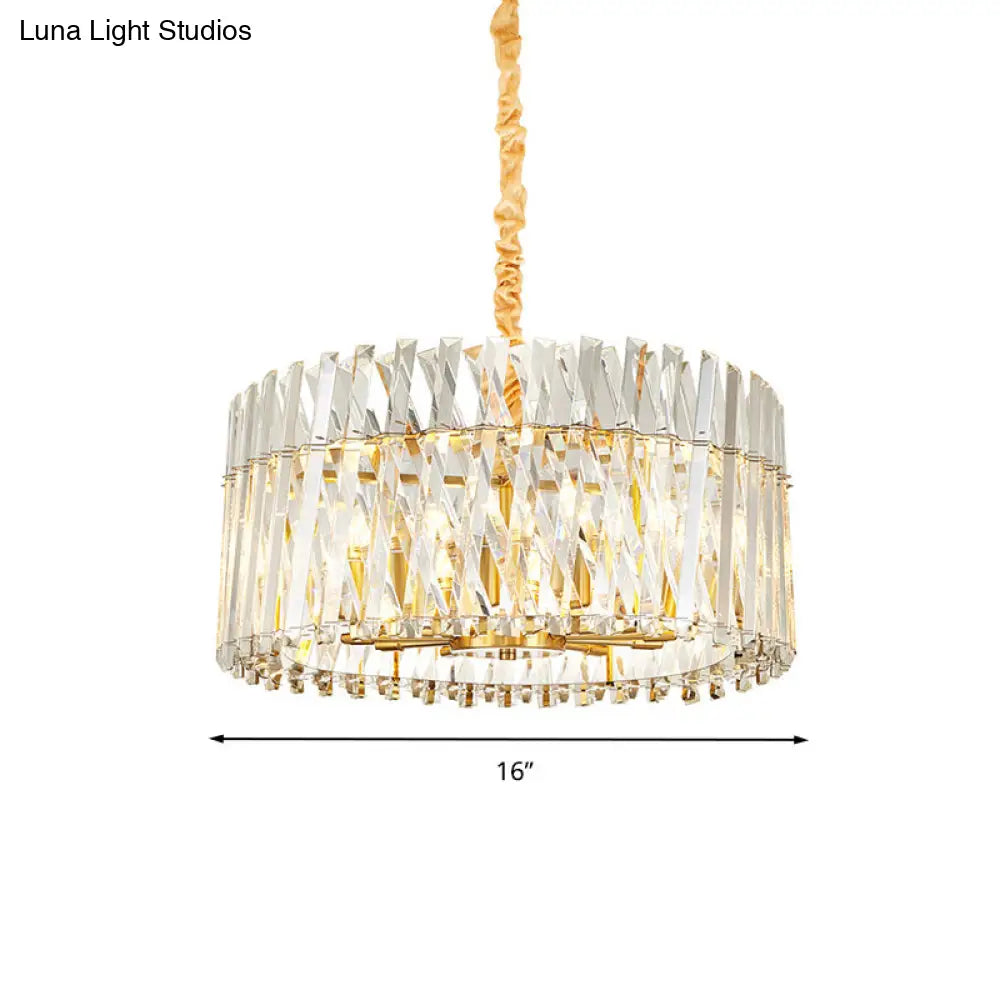 Postmodern Crystal Chandelier Lamp - Round Tri-Sided Rod Style 8/10 Lights Gold Finish Hanging Light