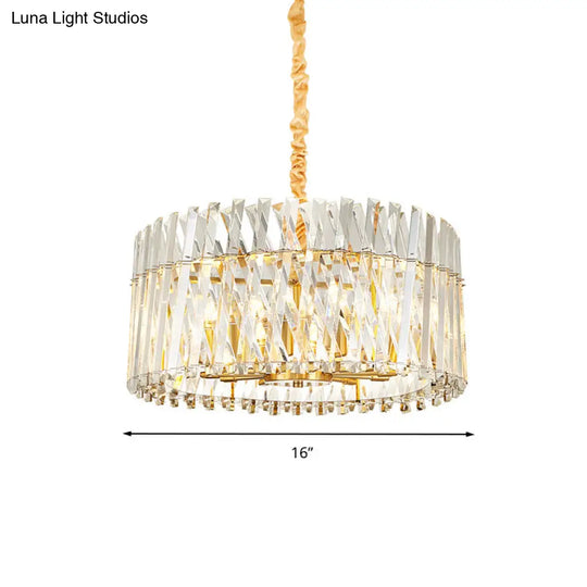 Postmodern Crystal Chandelier Lamp - Round Tri-Sided Rod Style 8/10 Lights Gold Finish Hanging Light