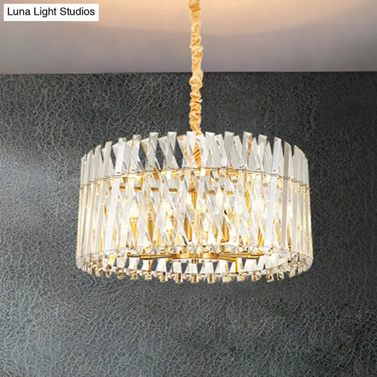 Postmodern Crystal Chandelier Lamp - Round Tri-Sided Rod Style 8/10 Lights Gold Finish Hanging Light
