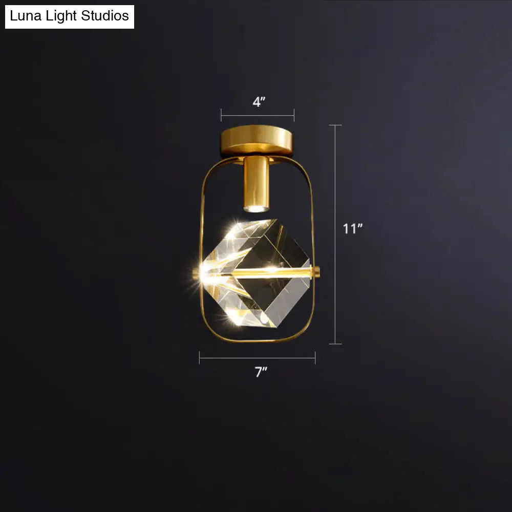 Postmodern Crystal Gold Cube Led Ceiling Lamp - Semi Flush Mount For Foyer / Oval
