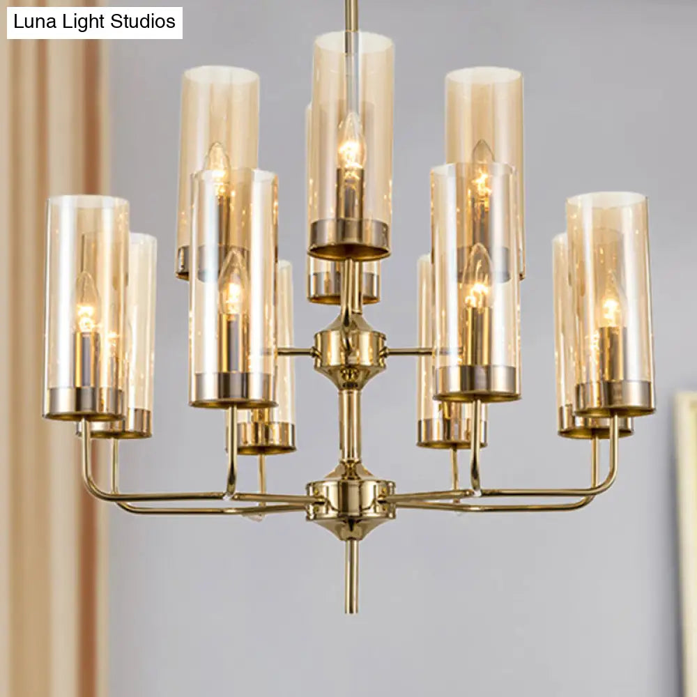 Postmodern Cylinder Hanging Lamp Kit - Blue/Cognac Glass 12 Head Dining Room Chandelier Light