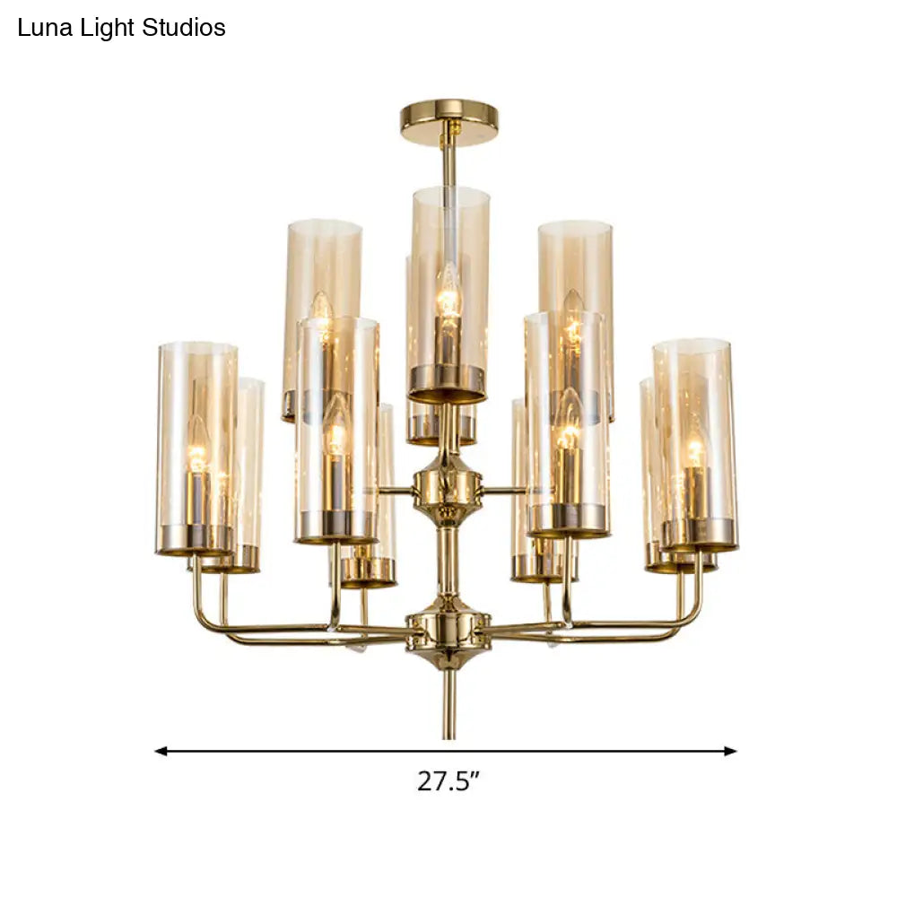 Postmodern Cylinder Hanging Lamp Kit - Blue/Cognac Glass 12 Head Dining Room Chandelier Light