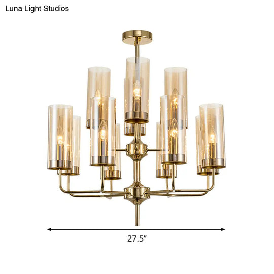 Postmodern Cylinder Hanging Lamp Kit - Blue/Cognac Glass 12 Head Dining Room Chandelier Light