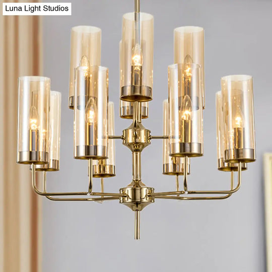 Postmodern Cylinder Hanging Lamp: Blue/Cognac Glass 12 Heads Dining Room Chandelier Lighting Kit