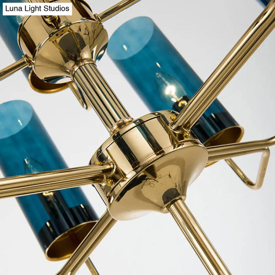 Postmodern Cylinder Hanging Lamp: Blue/Cognac Glass 12 Heads Dining Room Chandelier Lighting Kit