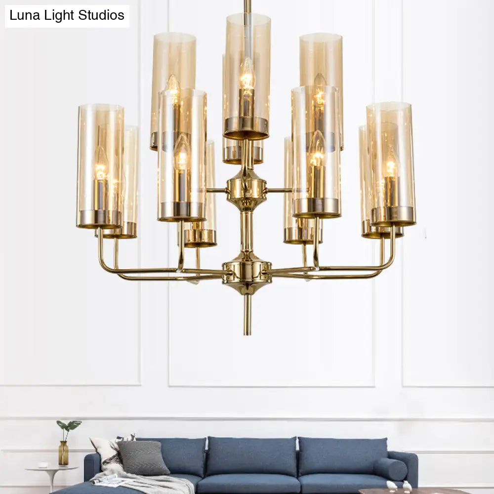 Postmodern Cylinder Hanging Lamp Kit - Blue/Cognac Glass 12 Head Dining Room Chandelier Light Cognac