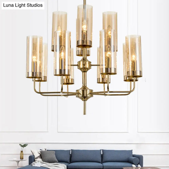 Postmodern Cylinder Hanging Lamp Kit - Blue/Cognac Glass 12 Head Dining Room Chandelier Light Cognac