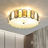 Postmodern Drum Ceiling Flush Light Fixture With Smoky And Amber Crystal Led Mount In Brass For
