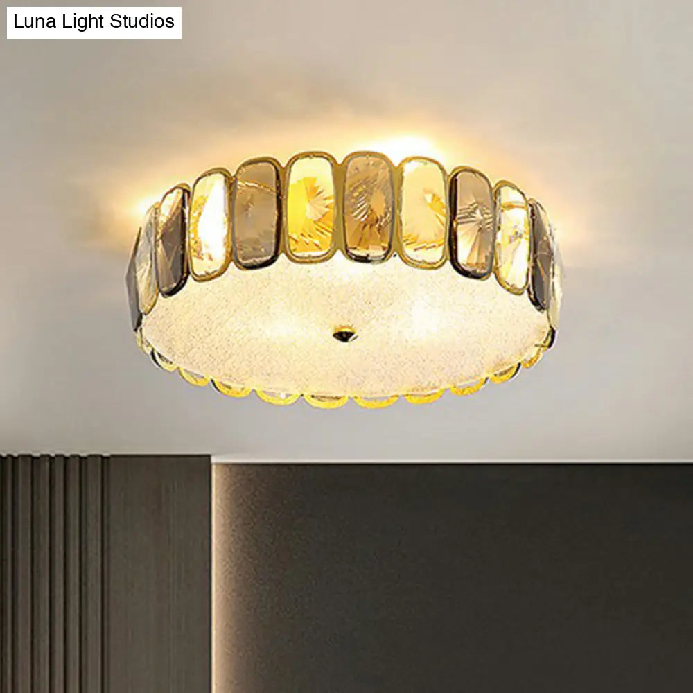 Postmodern Drum Ceiling Flush Light Fixture With Smoky And Amber Crystal Led Mount In Brass For