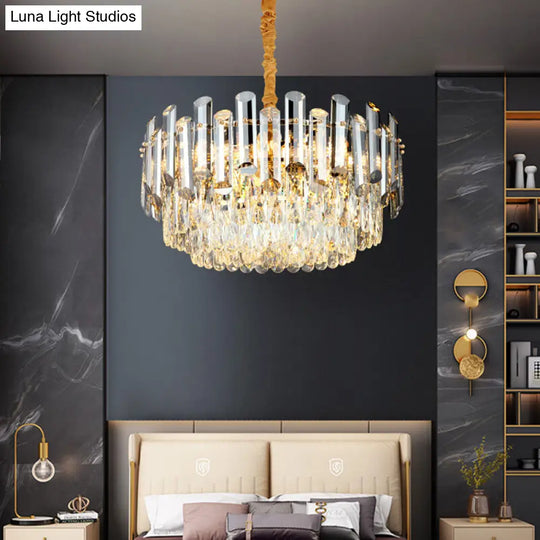 Postmodern Brass Chandelier - Beveled Crystal Drum Pendant Light Kit (10 Heads)