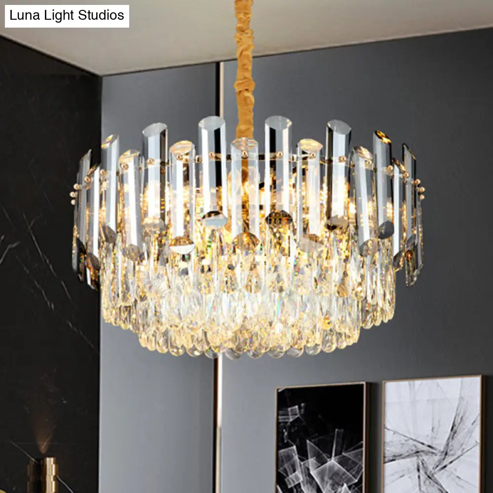 Postmodern Drum Crystal Pendant Light Kit With 10 Brass Chandelier Heads