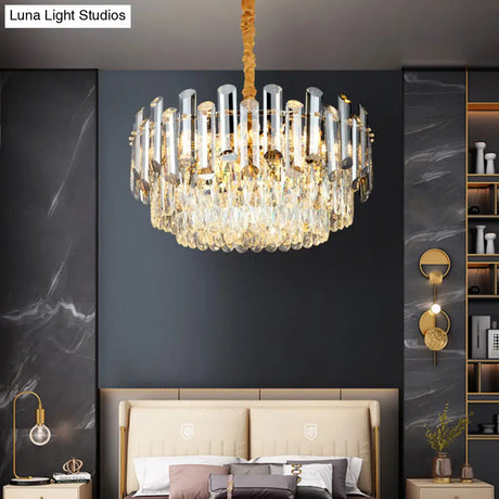 Postmodern Drum Crystal Pendant Light Kit With 10 Brass Chandelier Heads