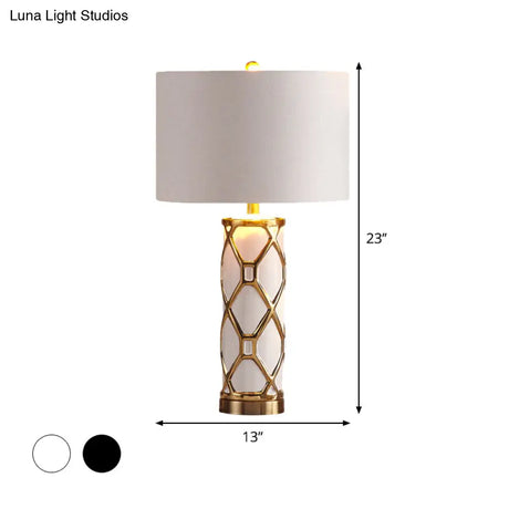 Postmodern Fabric Cylinder Nightstand Lamp- 13/15 Height 1 Light White/Black Metal- Perfect For