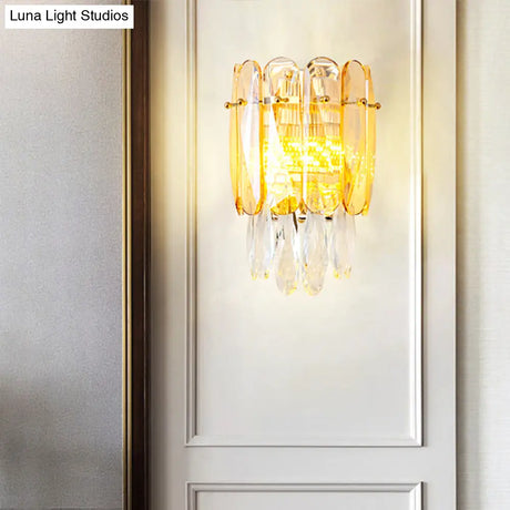 Postmodern Faceted Crystal Gold Sconce Light - Half-Cylinder Wall Mount For Bedroom