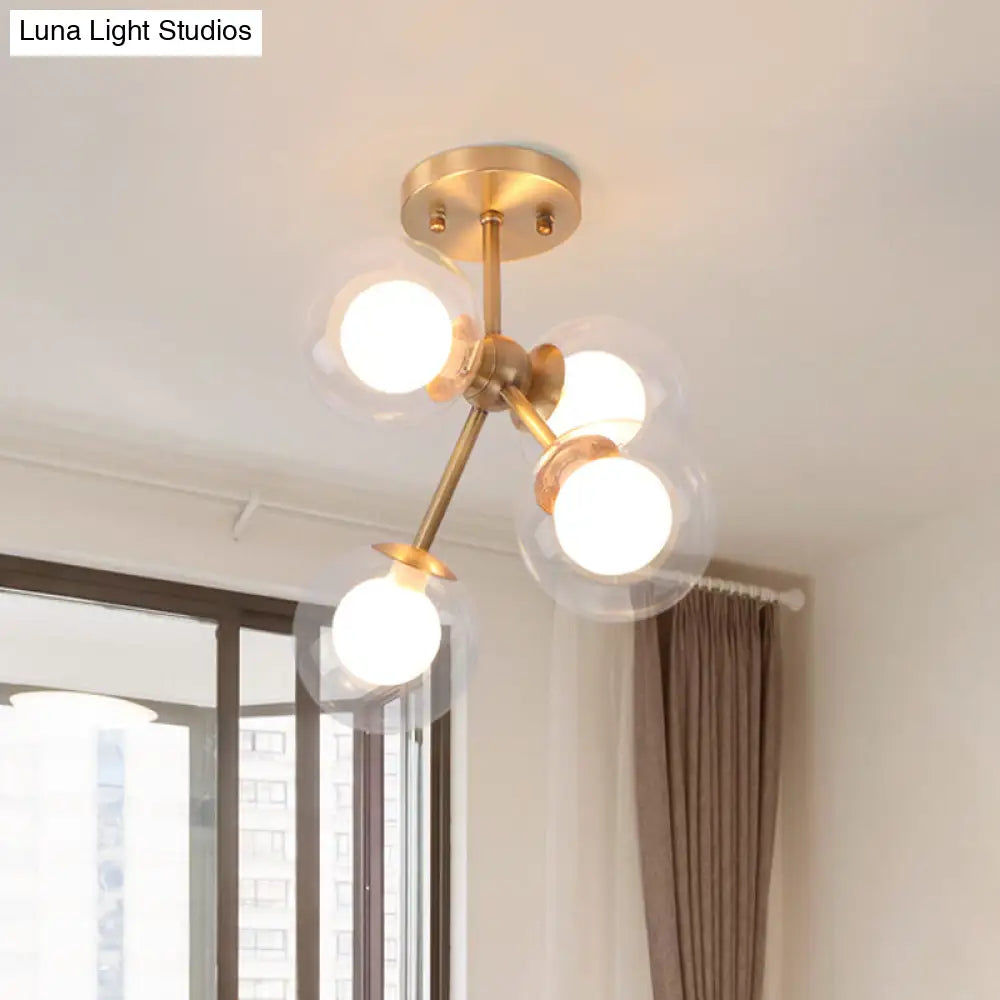 Postmodern Glass Ceiling Light Fixture: Brass 4-Light Semi-Flush Mount For Bedrooms