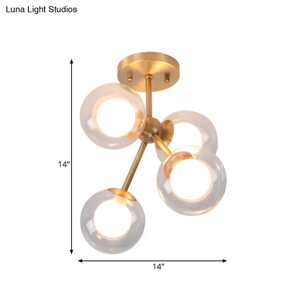 Postmodern Glass Ceiling Light Fixture: Brass 4-Light Semi-Flush Mount For Bedrooms