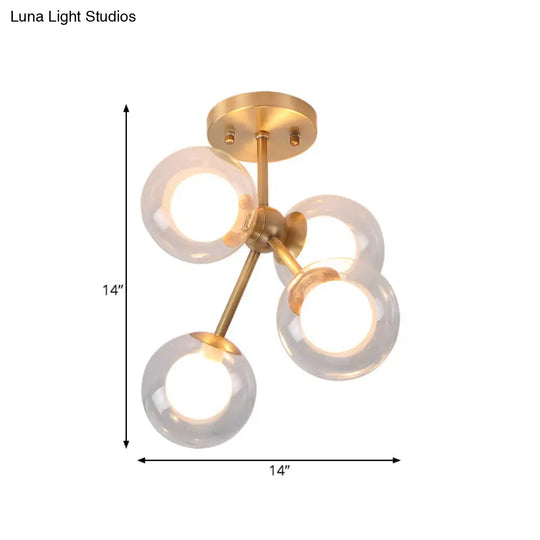 Postmodern Glass Ceiling Light Fixture: Brass 4-Light Semi-Flush Mount For Bedrooms