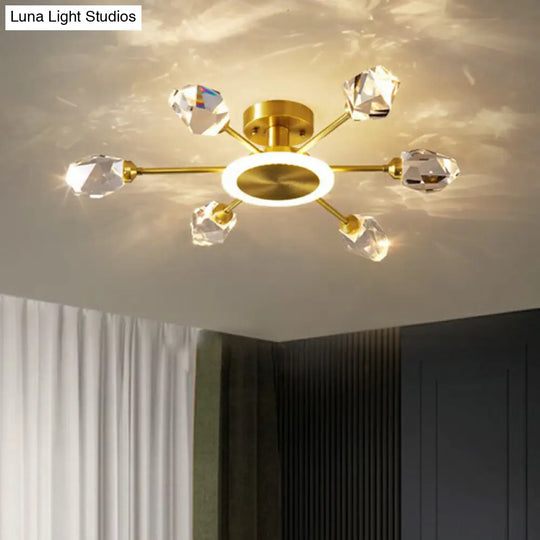 Postmodern Gold Crystal Led Ceiling Light With Radial Semi Mount For Bedroom 7 /
