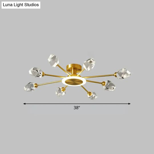 Postmodern Gold Crystal Led Ceiling Light With Radial Semi Mount For Bedroom