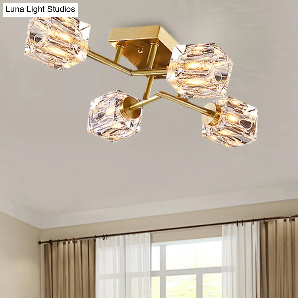 Postmodern Gold Crystal Semi Flush Mount Ceiling Light - Cubic Dimpled Design (4/6 Heads) 4 /
