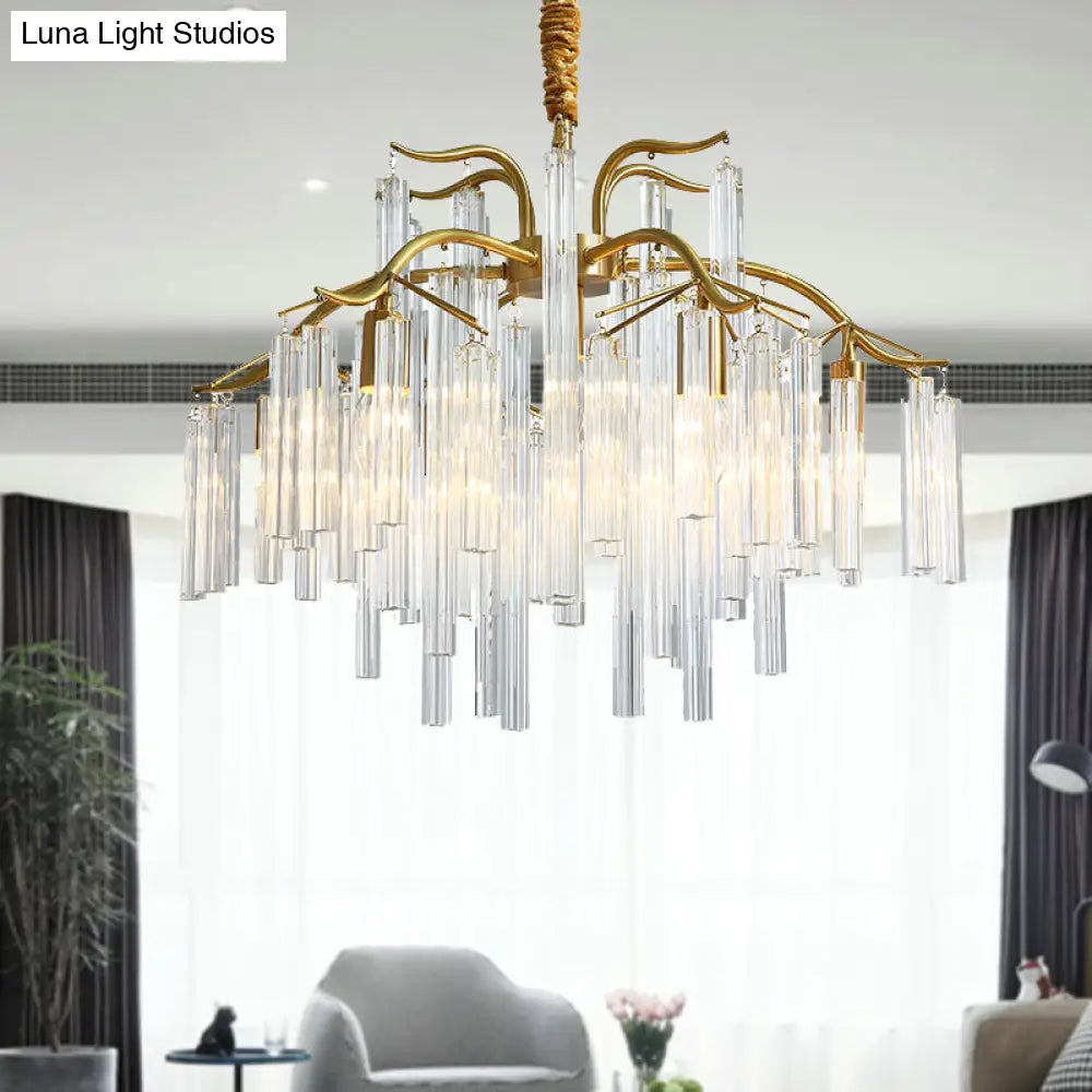 Postmodern Gold Curved Arm Chandelier With 7 Crystal Rod Heads - Tri-Sided Hanging Light Fixture