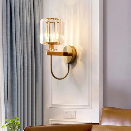 Postmodern Gold Cylindrical Crystal Wall Sconce With Curved Arm