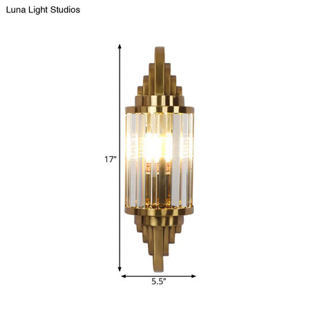 Postmodern Gold Finish Cylinder Wall Sconce With Crystal Prisms - Ideal For Living Room